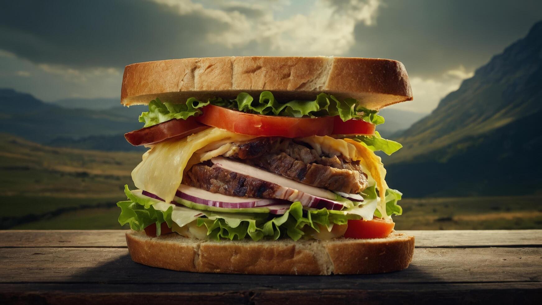 Big hamburger with fresh vegetables on old wooden table against mountain background photo