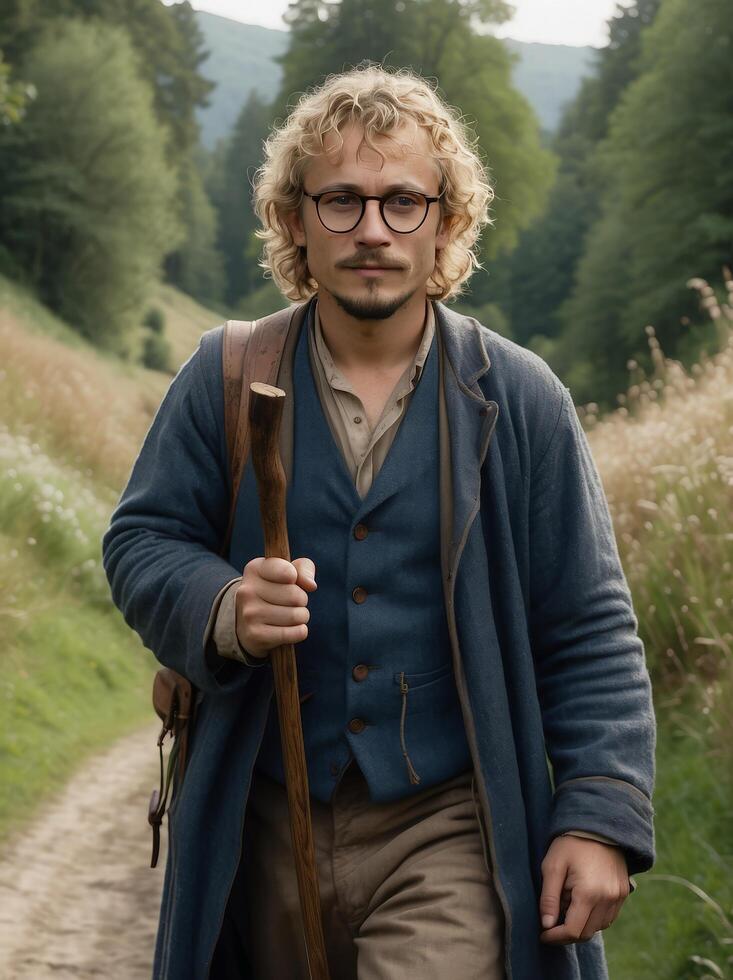 Portrait of a handsome man with blond curly hair in a blue jacket and glasses photo