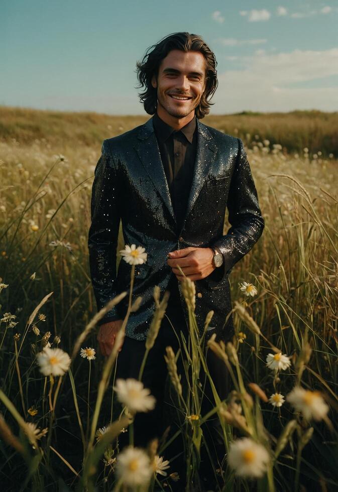 Handsome young man in a black jacket in a field of daisies photo