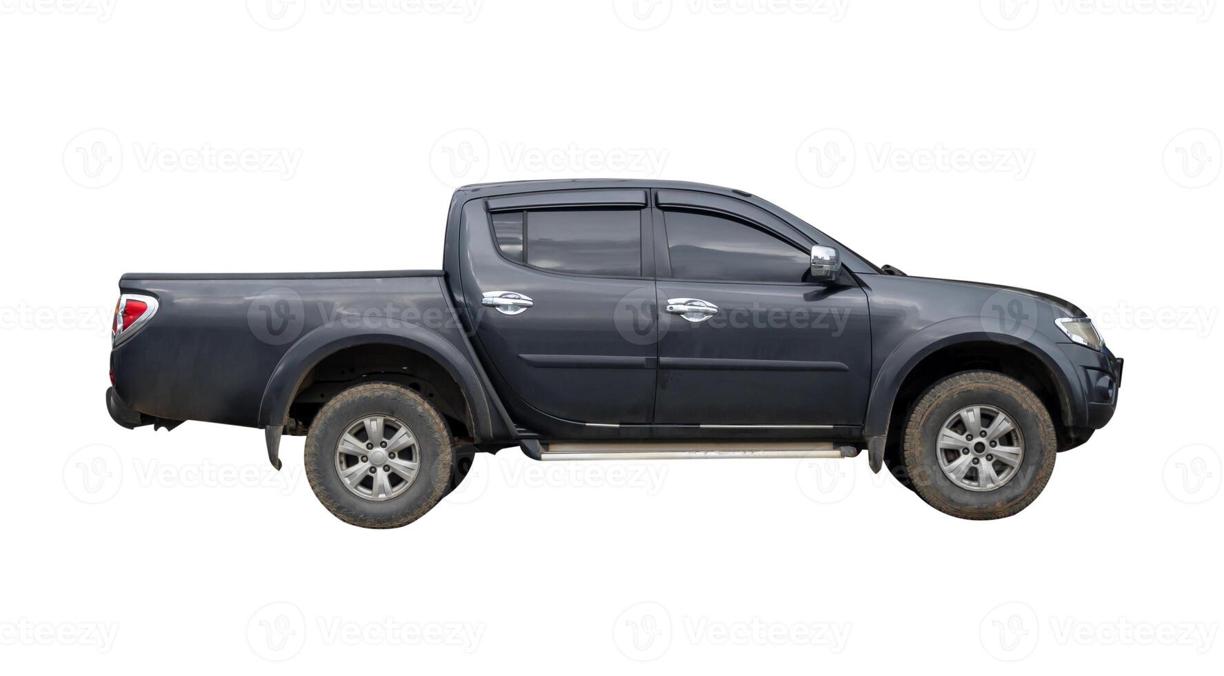 Side view of black pickup truck isolated on white background with clipping path photo