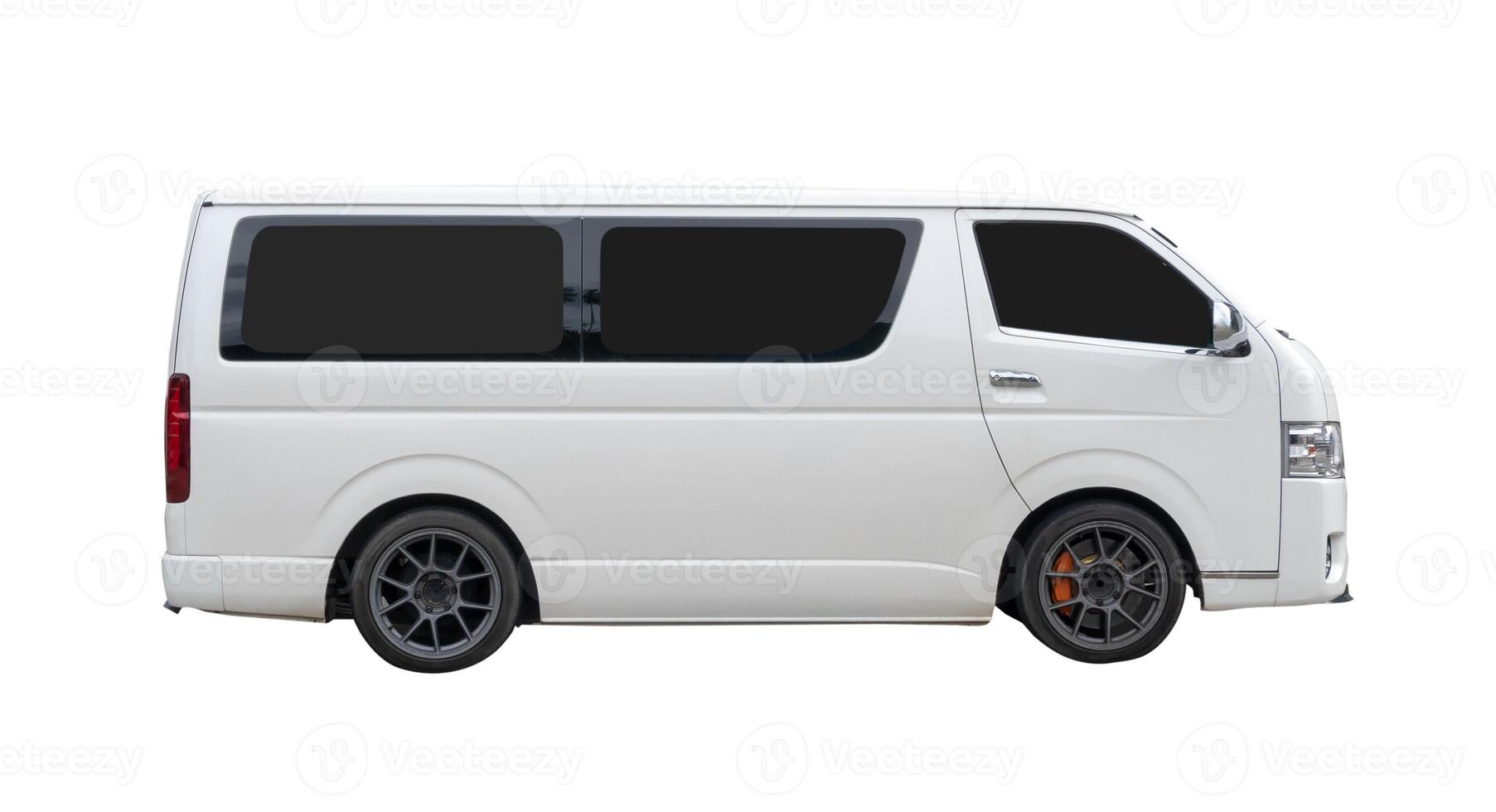 Side view of white van car isolated on white background with clipping path photo