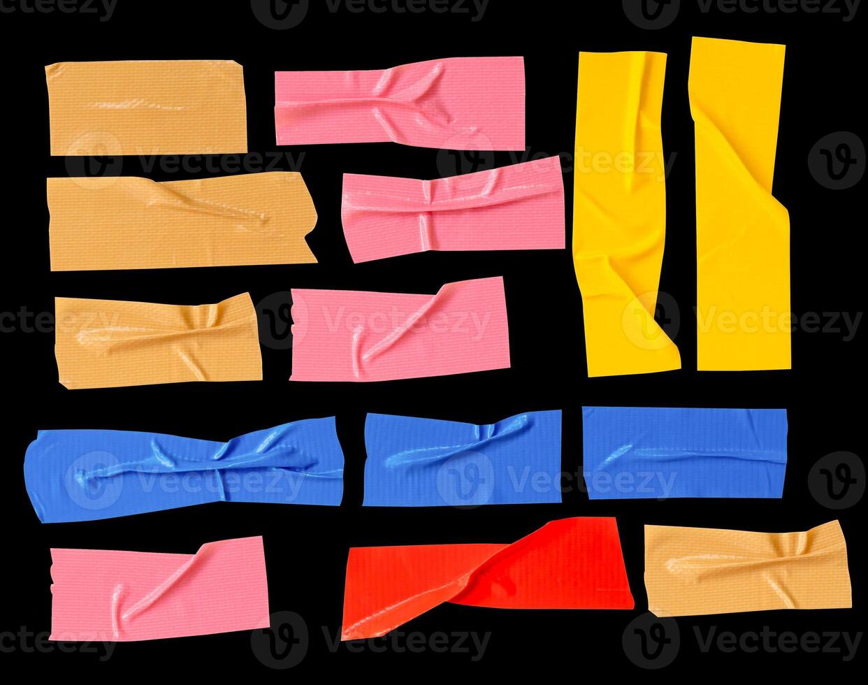 Top view set of multicolor adhesive vinyl tape or cloth tape in stripes isolated on black background with clipping path photo