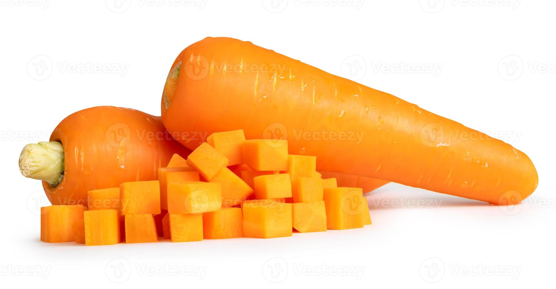 Side view of fresh orange carrot with slices in cube shape in stack isolated on white background with clipping path photo
