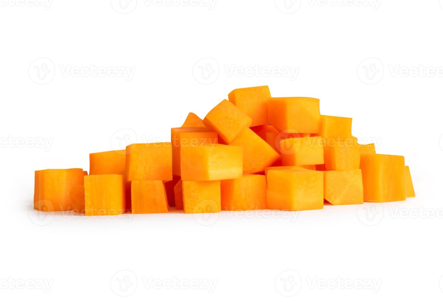 Front view of fresh orange carrot in cube shape in stack isolated on white background with clipping path photo