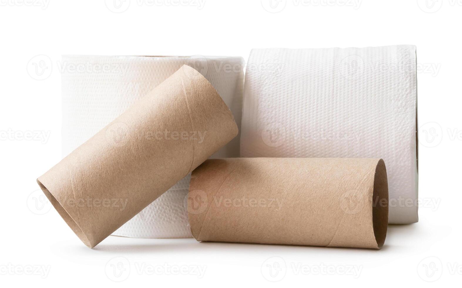 Two rolls of white tissue paper or toilet paper with cores in stack isolated on white background with clipping path photo
