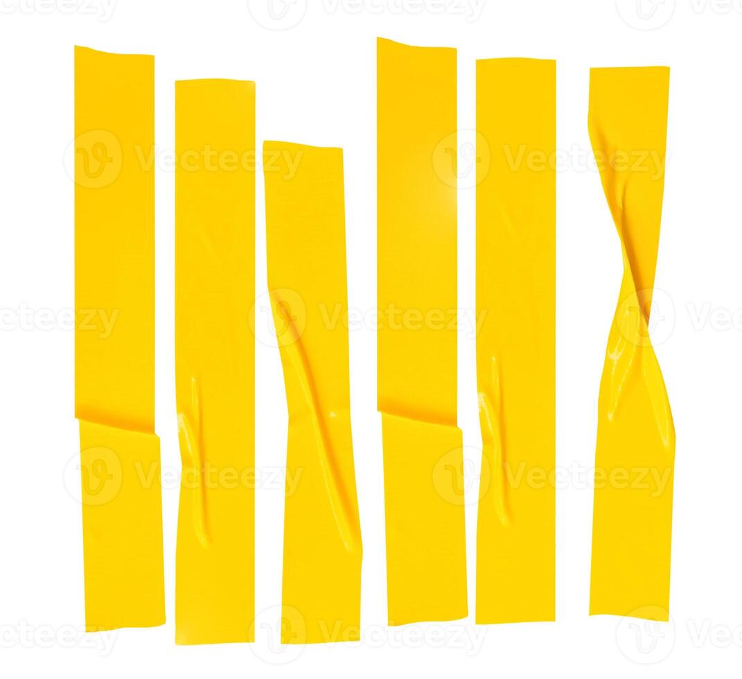 Top view set of wrinkled or crumpled yellow adhesive vinyl tape or cloth tape in stripes shape isolated on white background with clipping path photo