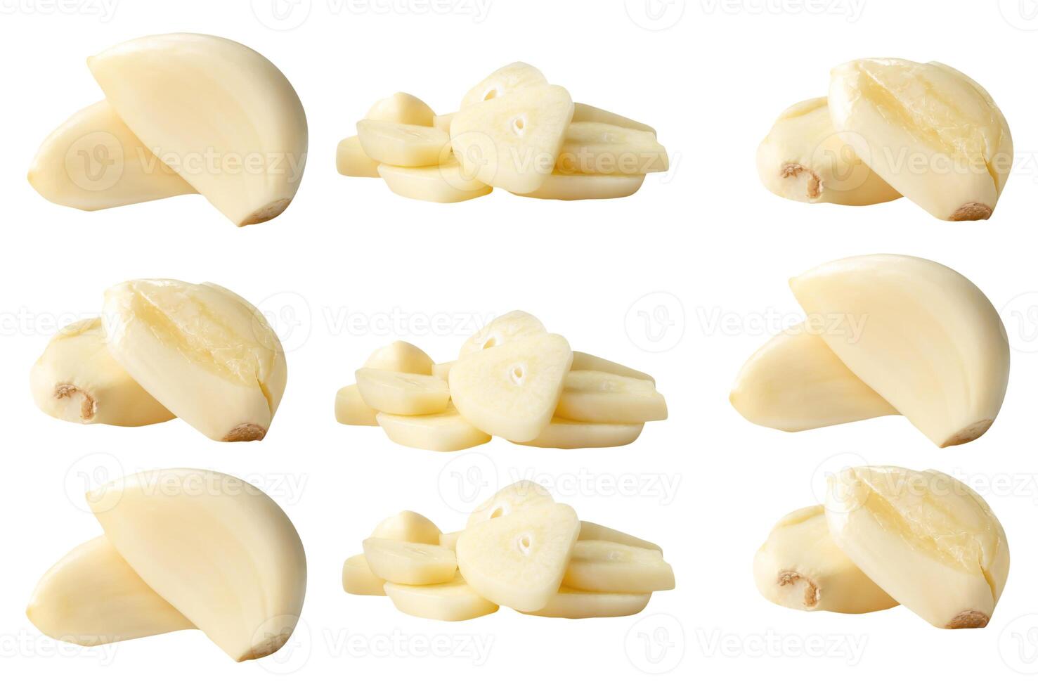 Side view set of fresh peeled white garlic cloves with slices in stack isolated on white background with clipping path photo