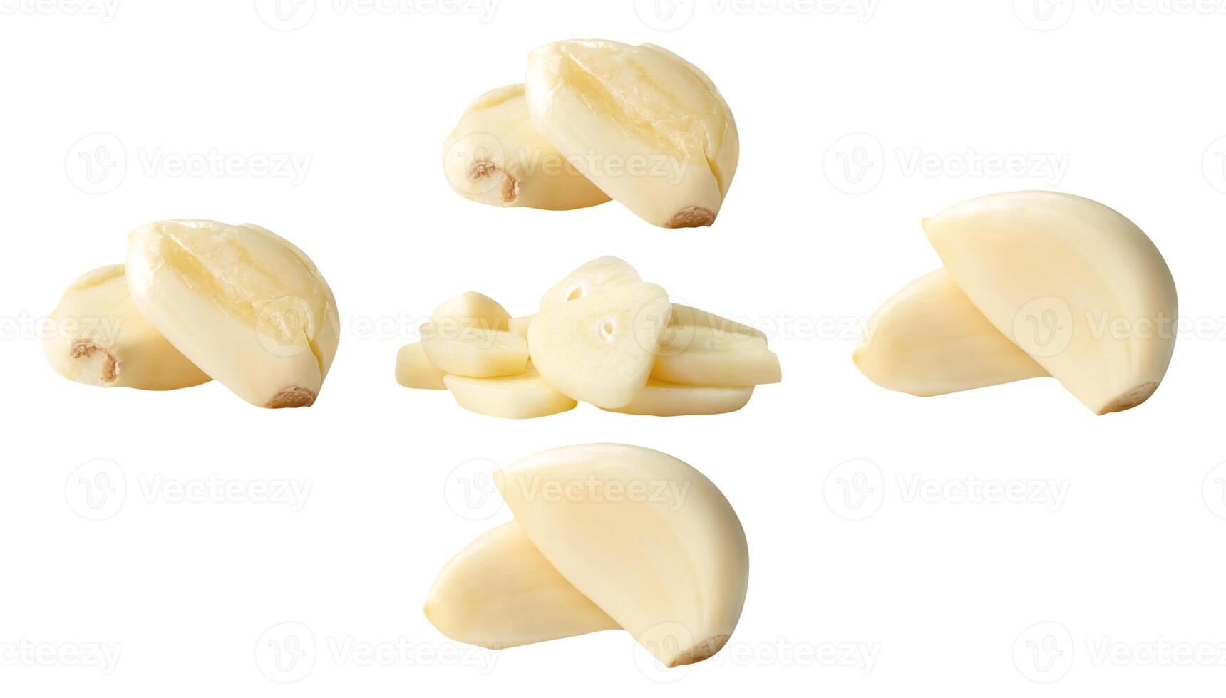 Side view set of fresh peeled white garlic cloves with slices in stack isolated on white background with clipping path photo