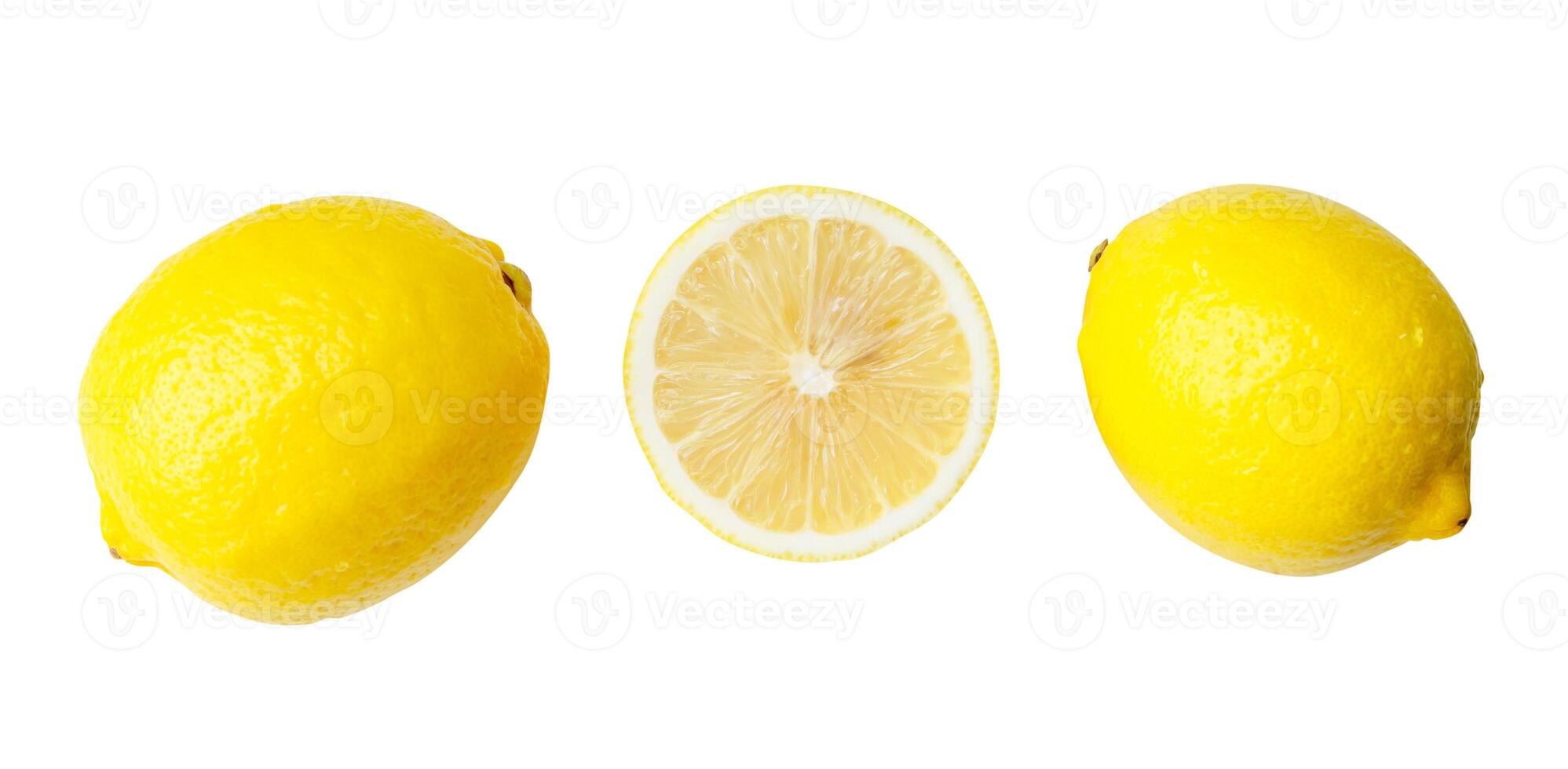 Top view set of two fresh ripe yellow lemon fruits with half or slice isolated on white background photo