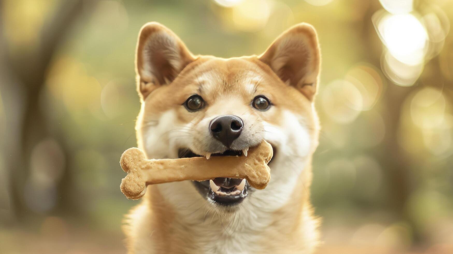 A Shiba Inu dog with its mouth open, holding one bone shaped cookie e in its teeth, looking at the camera on blurred background of a nature park photo
