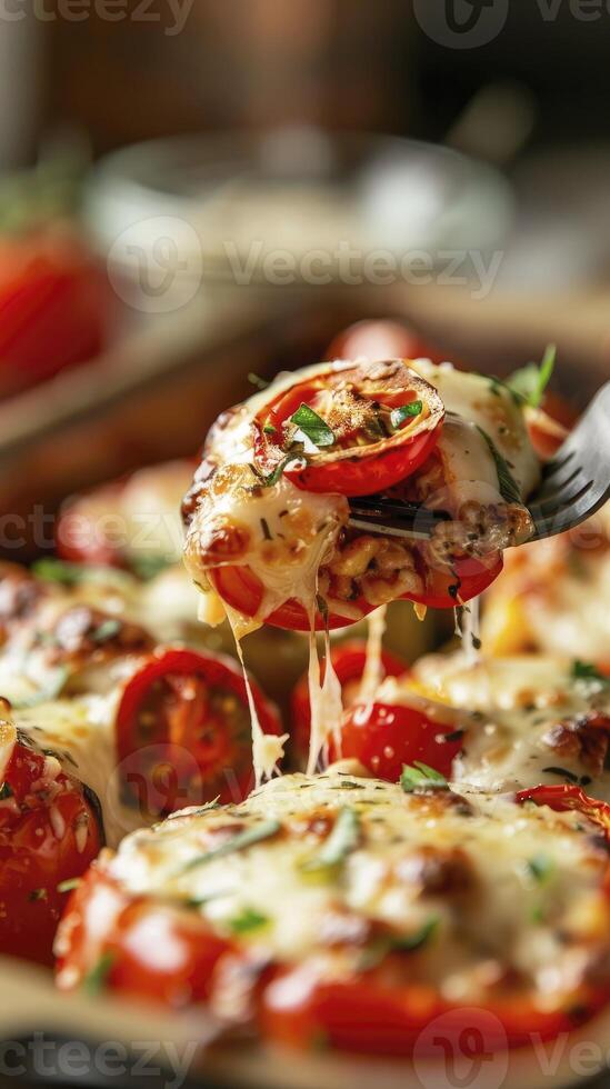 A fork is holding up one slice of stuffed bell pepper with mozzarella and tomatoes with blur background photo
