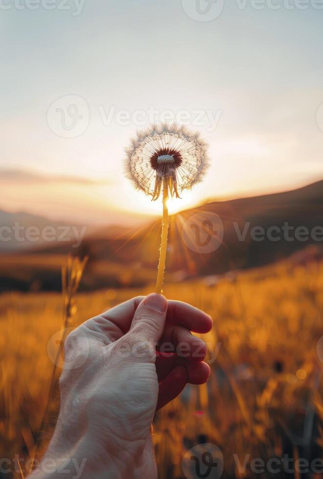 A hand holding a dandelion flower, with a sunset in the background and a blurred landscape photo