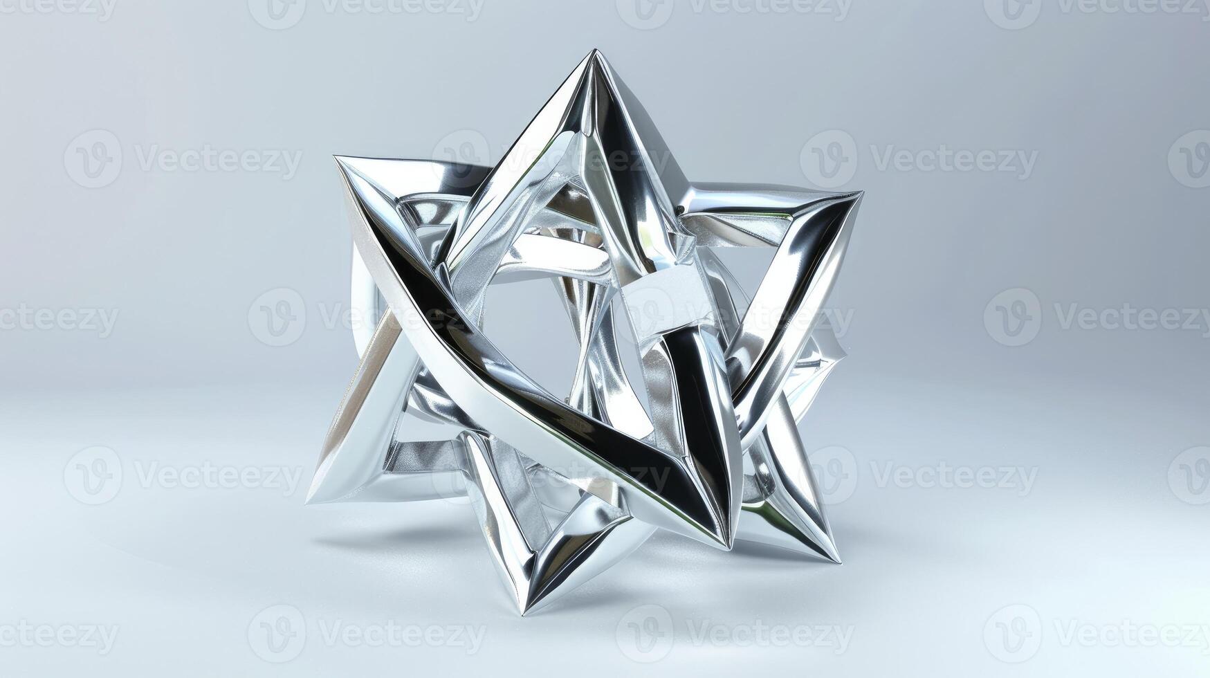 A silver three dimensional geometric figure with symmetrical structure and abstract shape on white background photo