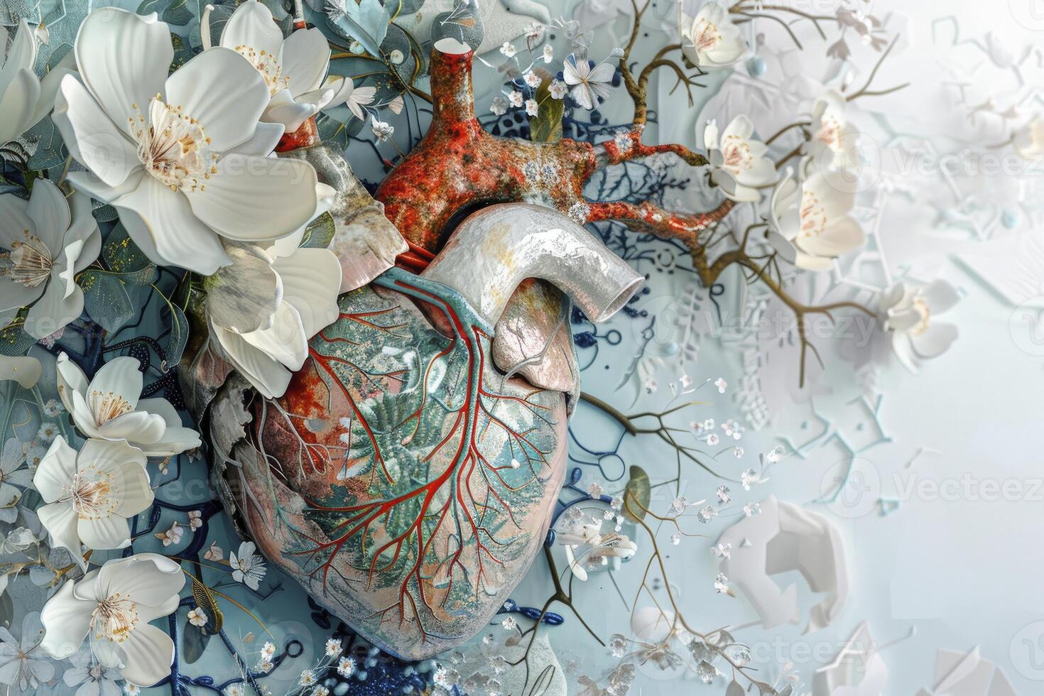A heart shaped art piece with an abstract design, incorporating elements of nature and floral motifs. photo