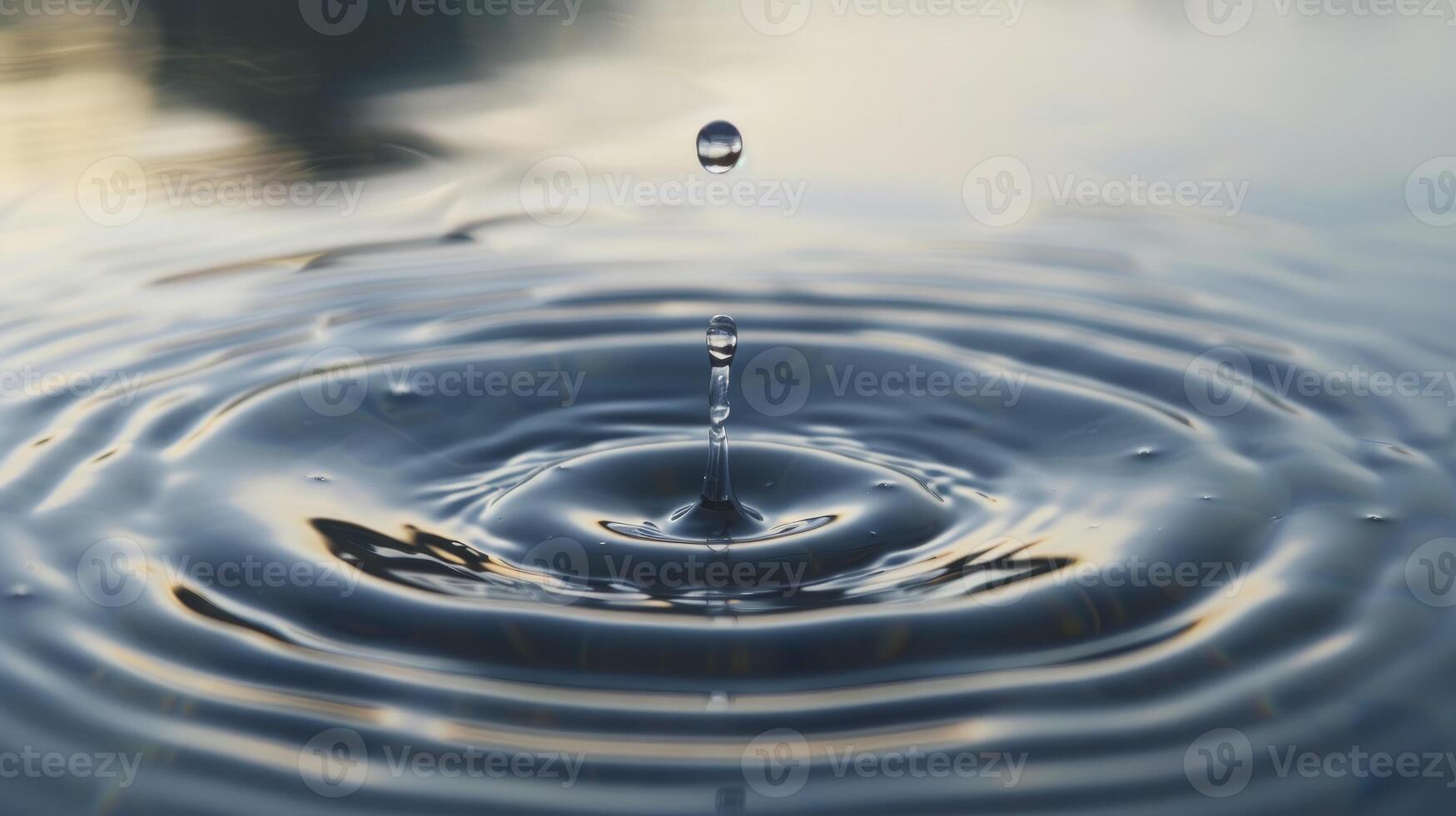 single drop of water falling into the calm surface, creating ripples that spread out in an elegant pattern photo