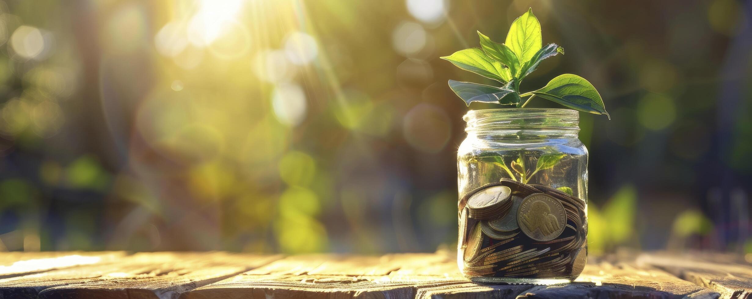 A glass jar filled with coins and a growing plant on a wooden table against a blurred background of sunlight photo