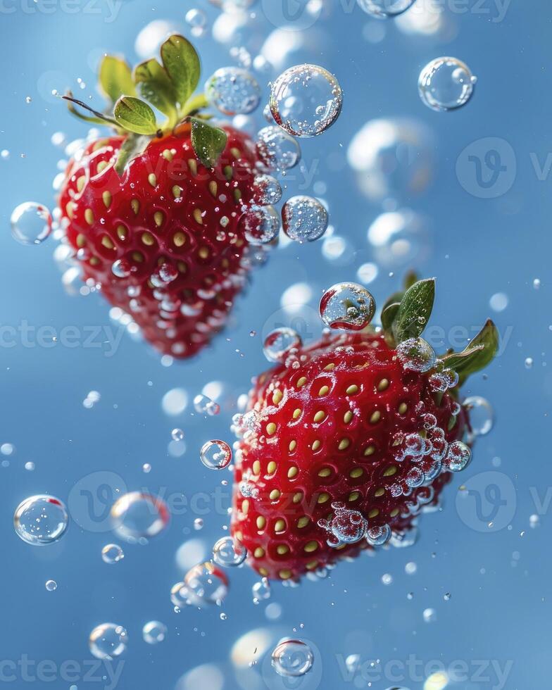 strawberries floating in water with bubbles blurred background photo