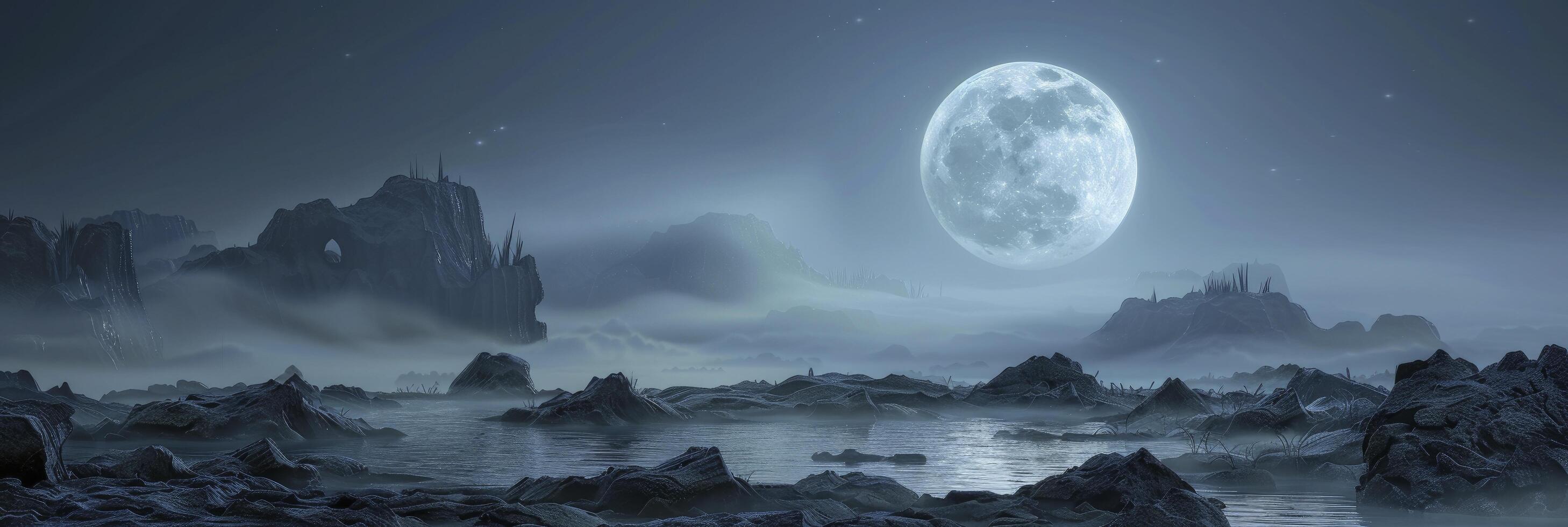 Full moon shining in the sky, foggy night with rocks and a misty background photo
