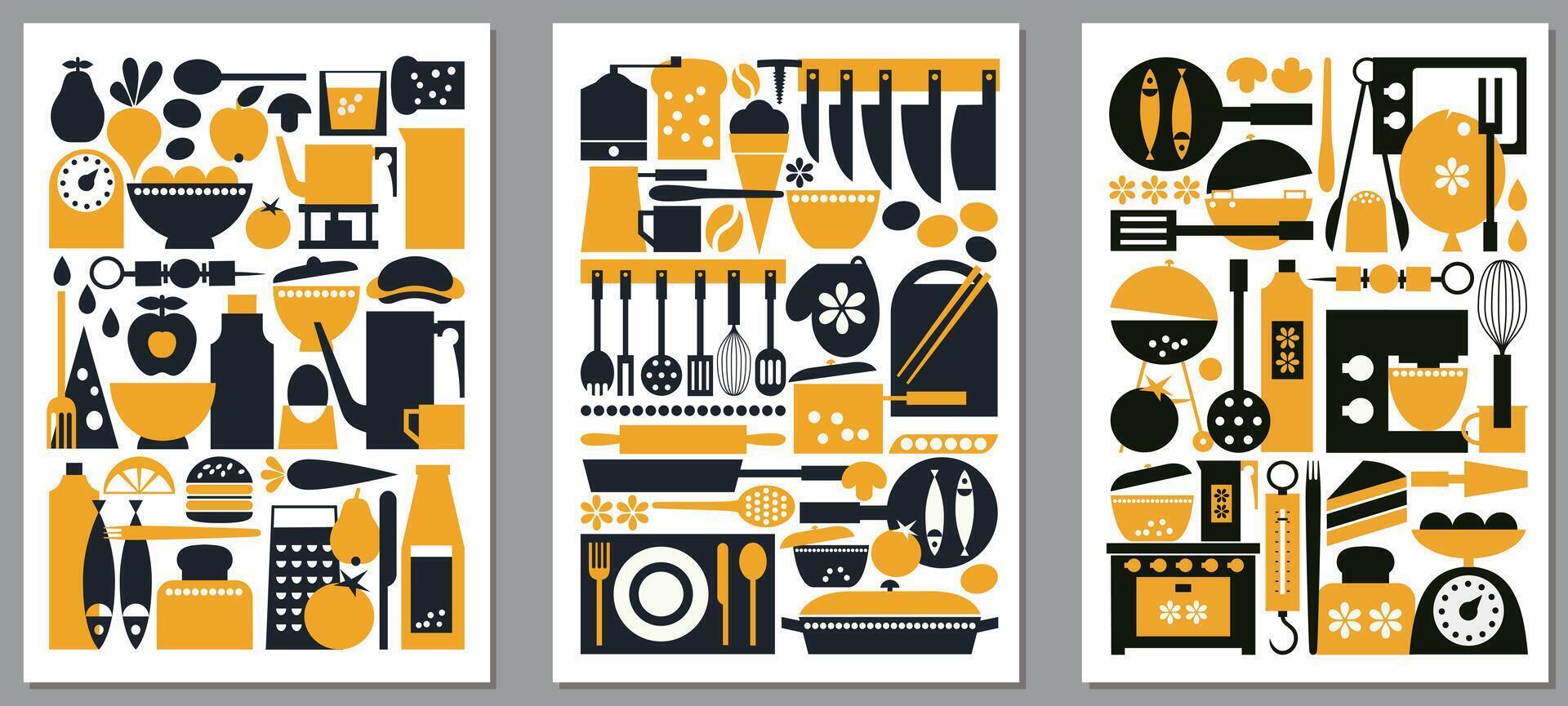 Kitchen Tool Poster Set Illustrations in Vintage Style vector