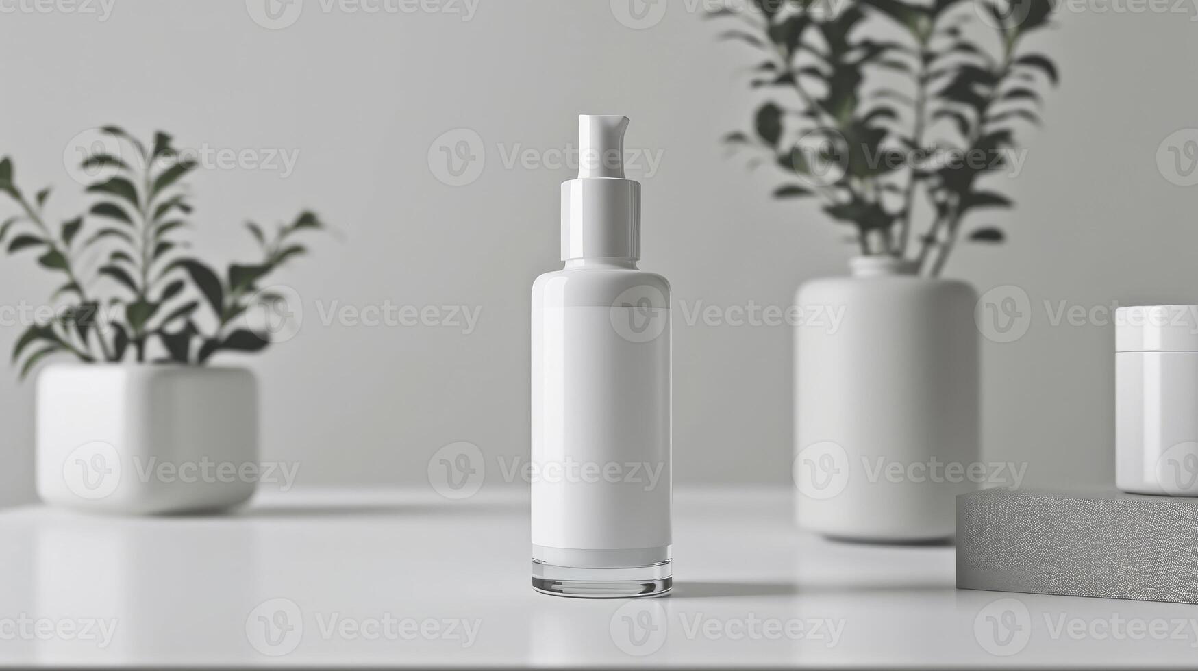 front view of cosmetic bottle with label, standing on a table, white background photo