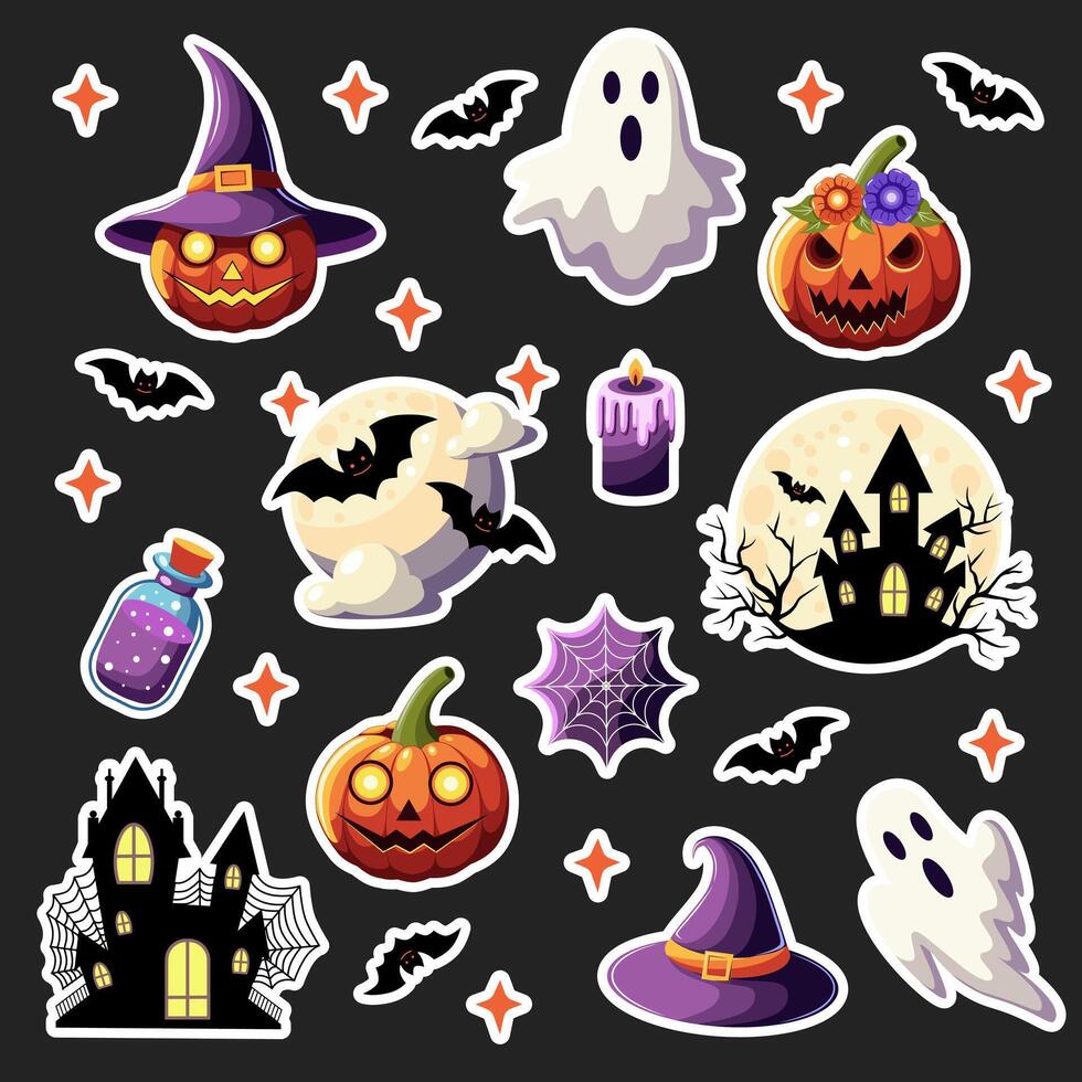 Set of stickers on the theme of Halloween on a dark background vector