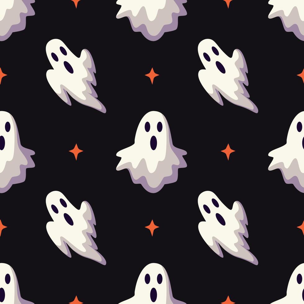 Seamless pattern with ghosts, bats and stars on a dark background vector