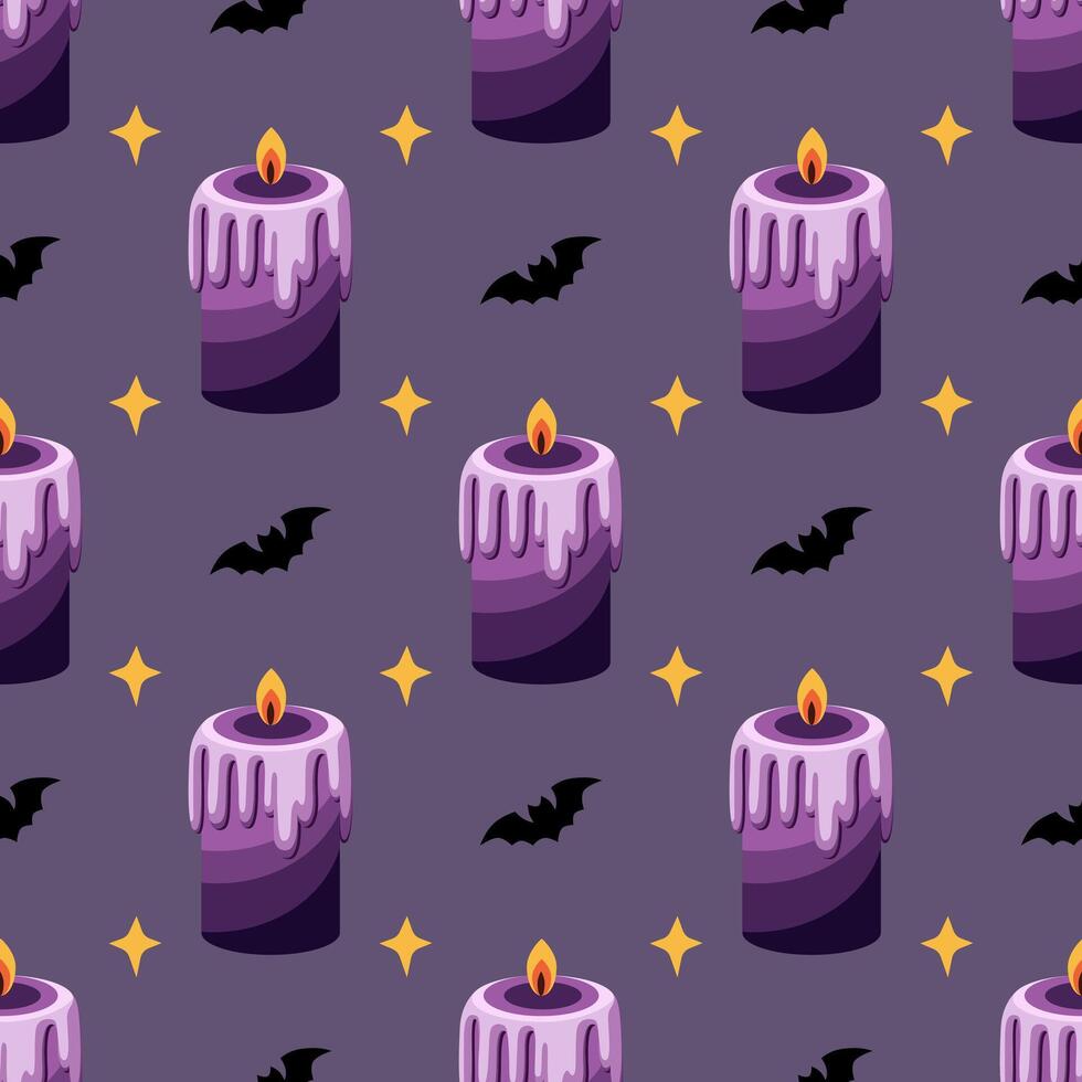 Seamless pattern with candles, bats and stars on a dark background vector