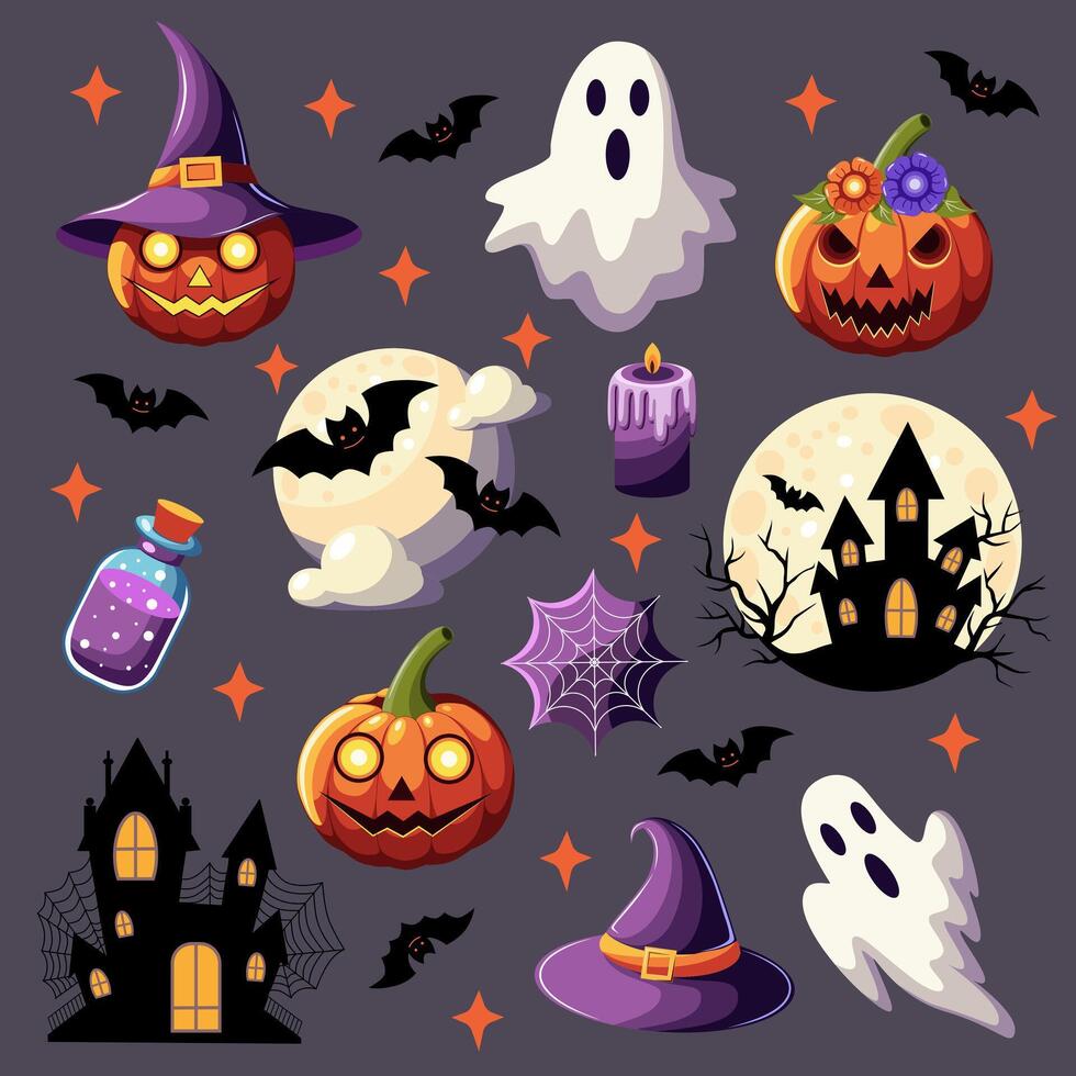 A set of elements on the theme of Halloween on a dark background. Clipart vector