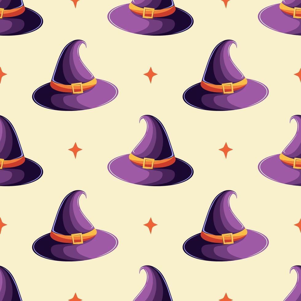Seamless pattern with a witch's hat and stars on a yellow background vector