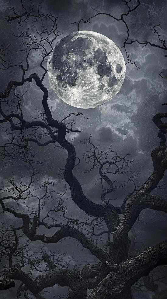 Twisted tree branches against a full moon and dark sky. photo