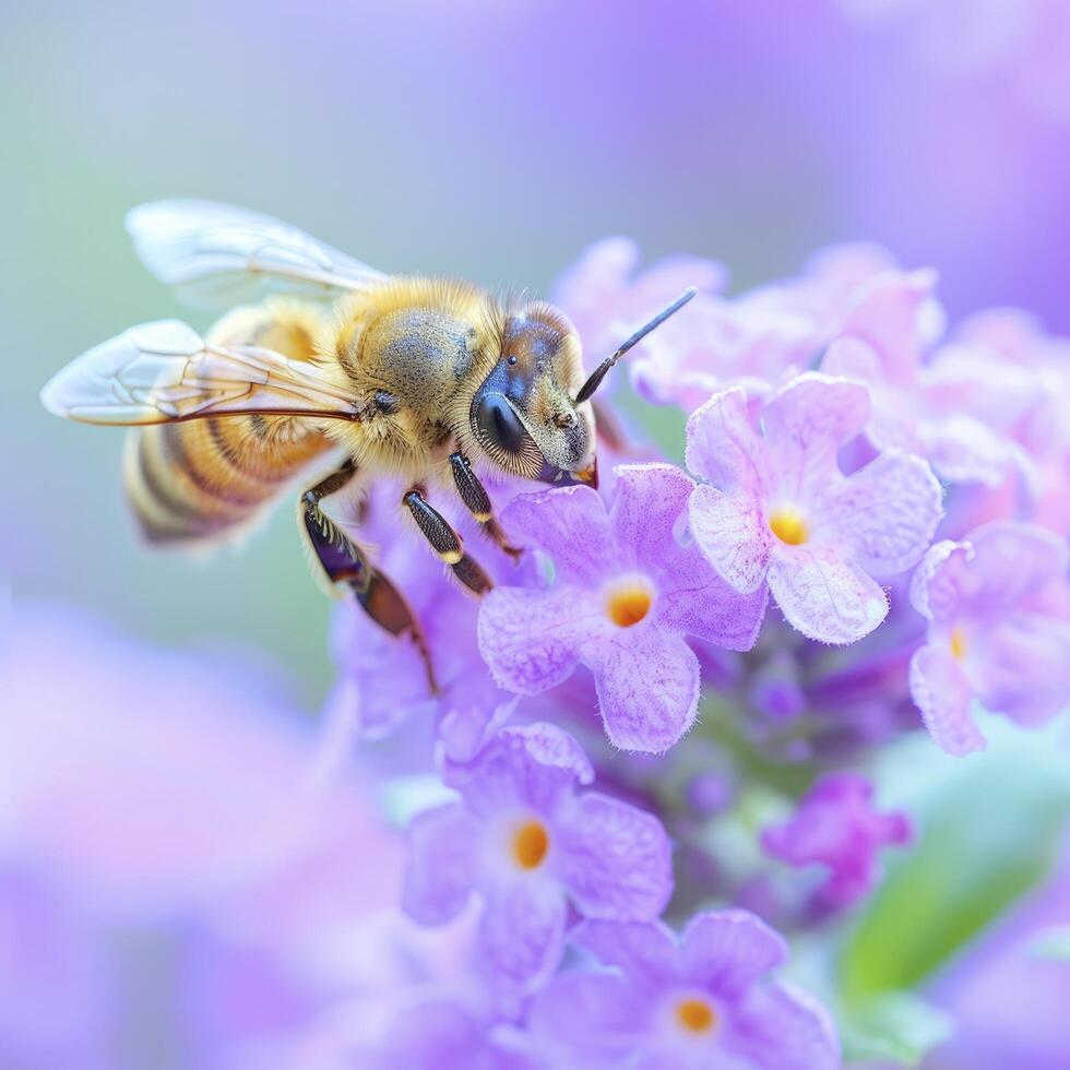 A close up photo of a honey bee on a purple flower, macro photography in detailed