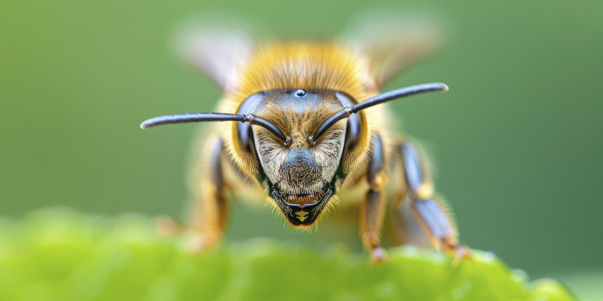 A closeup of the face and head of an African honey bee, showing detailed woolen hair on its back against a green background. photo