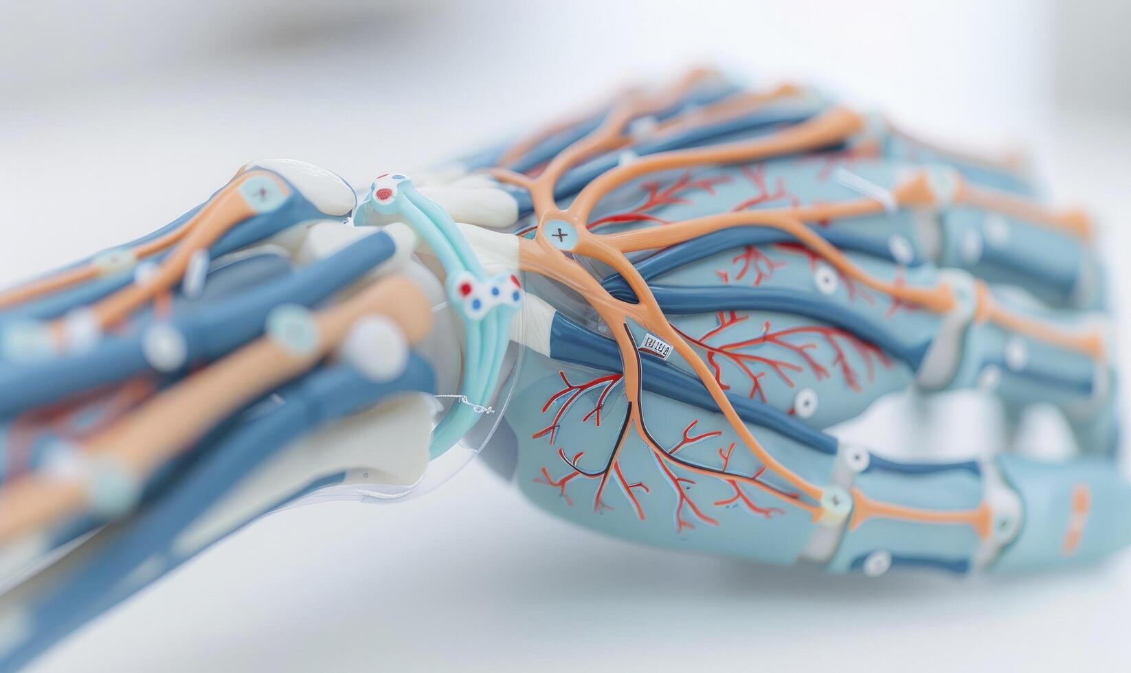 An anatomical model of the human arm, showcasing muscles and tendons with a white background photo
