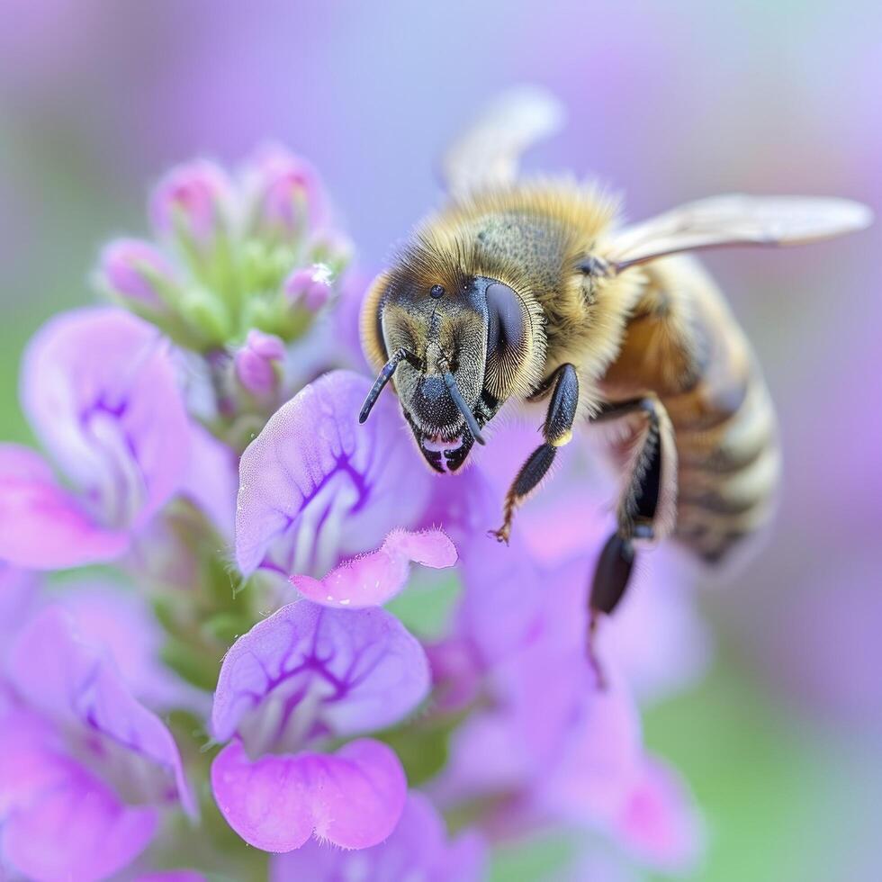 A close up photo of a honey bee on a purple flower, macro photography in detailed