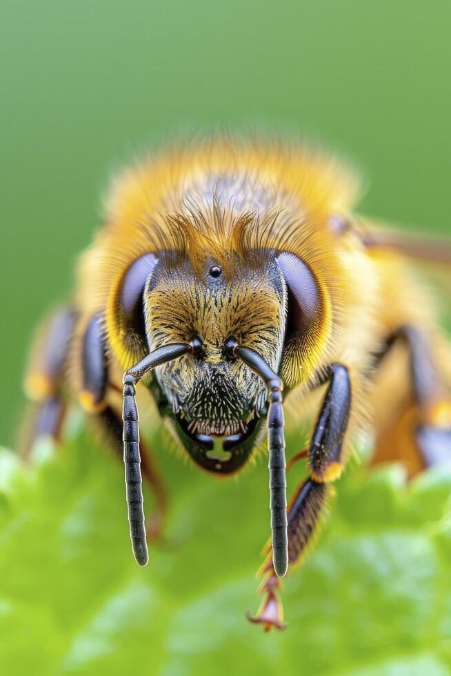 A closeup of the face and head of an African honey bee, showing detailed woolen hair on its back against a green background. photo