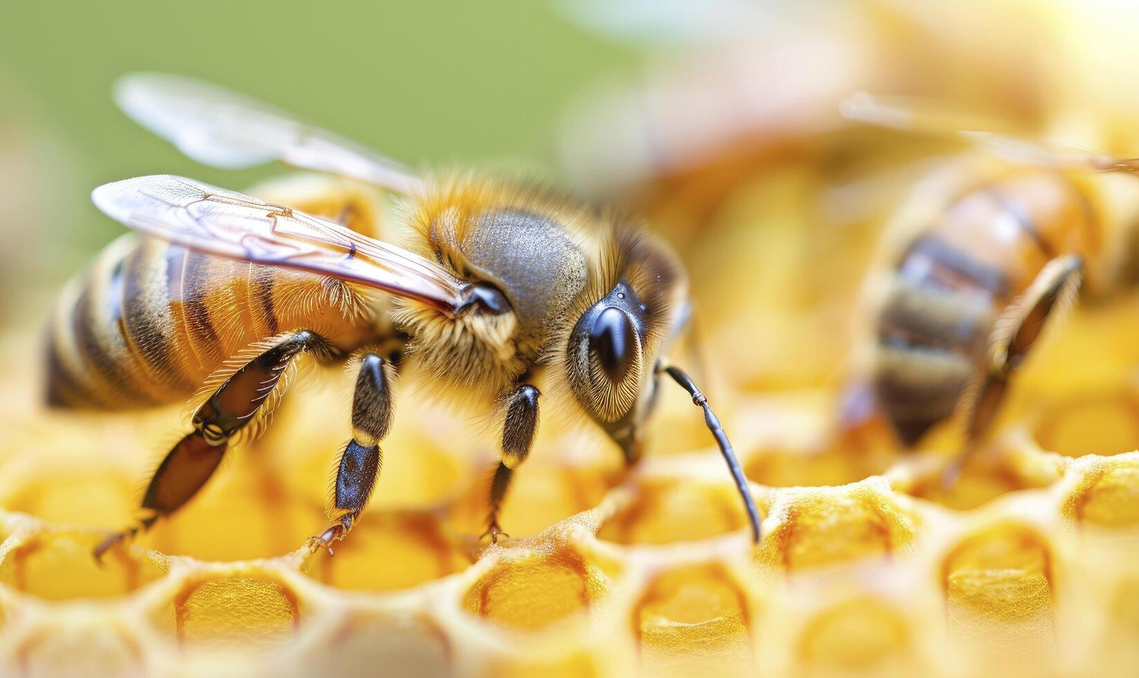 The queen bee is surrounded in the style of her court of worker bees, each working to make honeycombs and caring for the rest of their colony photo