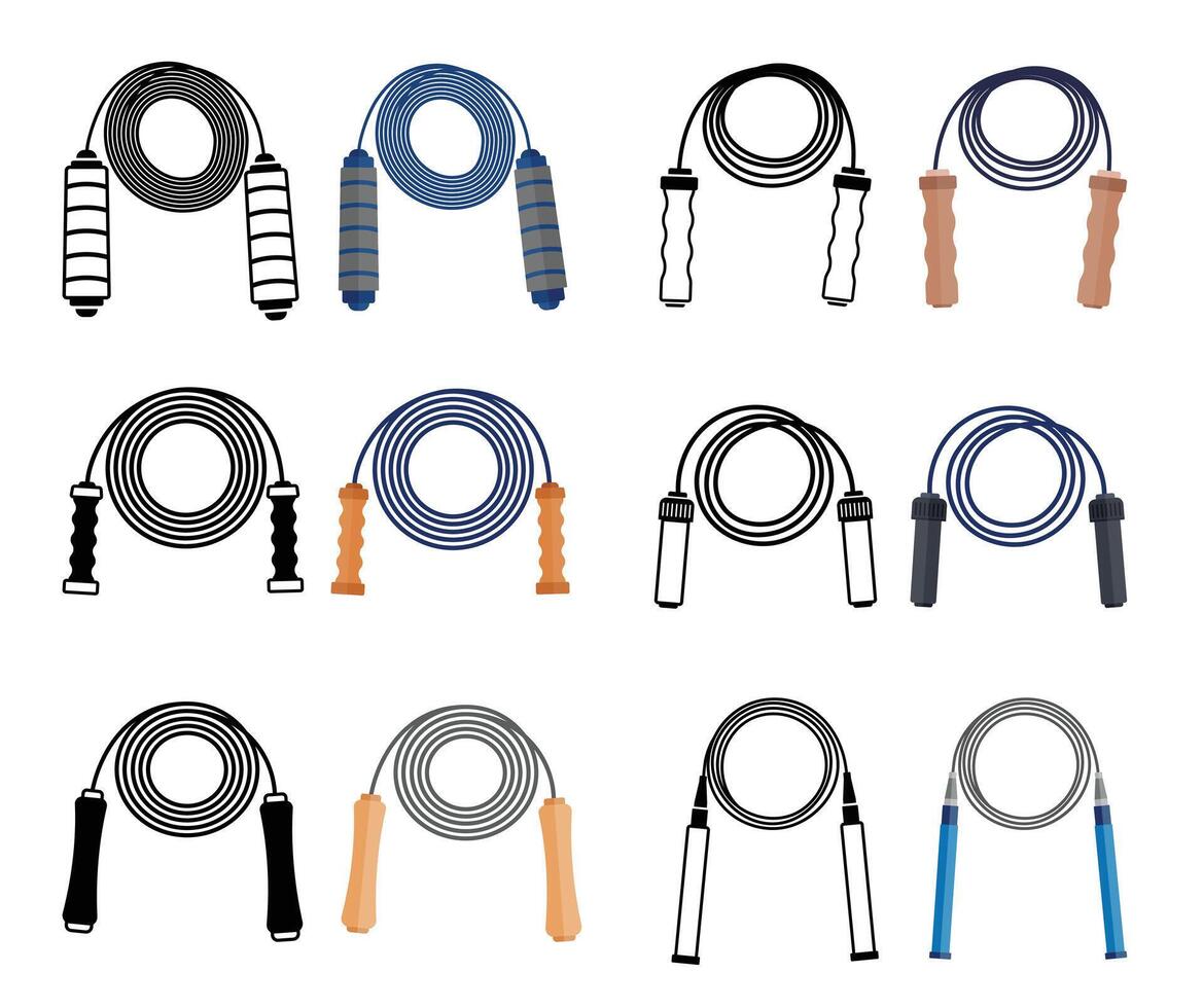 Skipping Rope Clean And Minimal Clip Art Collection Set, Isolated Image Of skipping. Illustration Of Jumping Gear With Plastic Handles For Gym. vector
