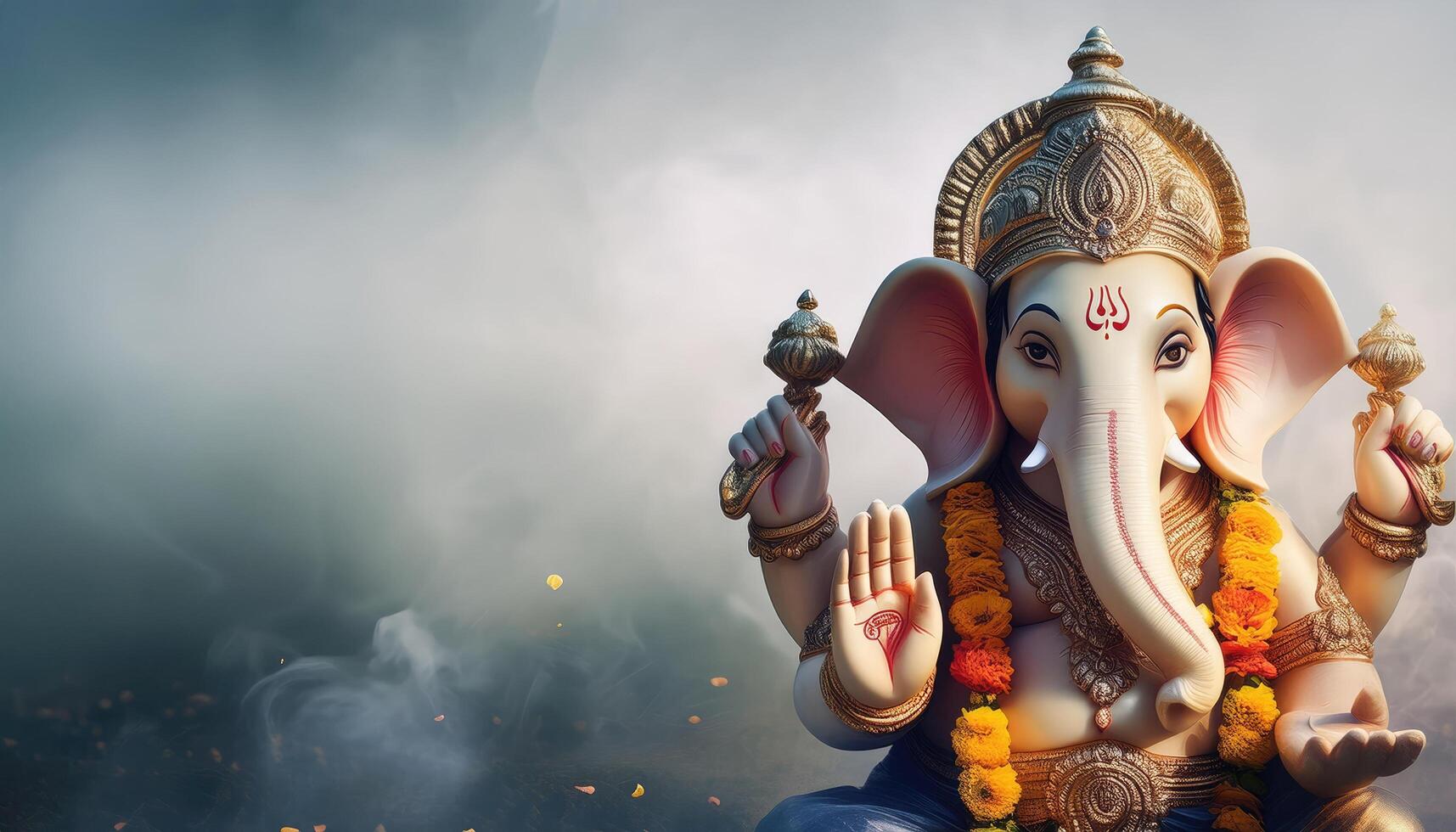 Lord Ganesha, the elephant headed god adorned with flowers banner background photo