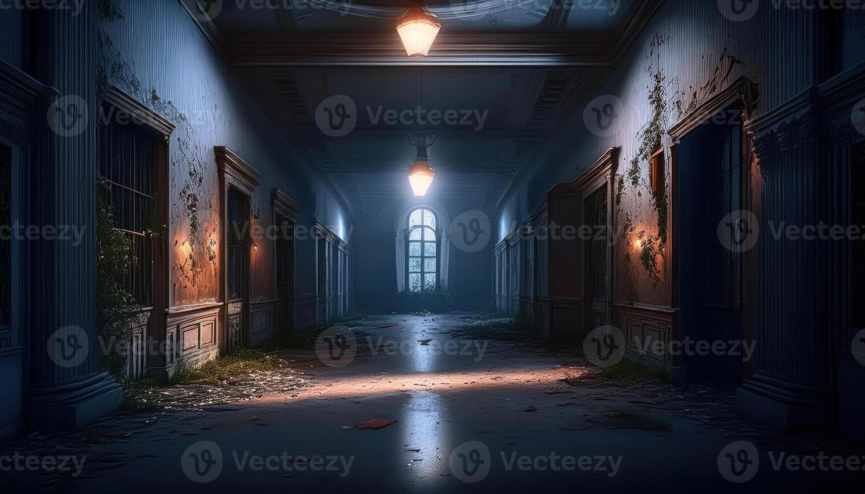 Haunting abandoned asylum with flickering lights photo