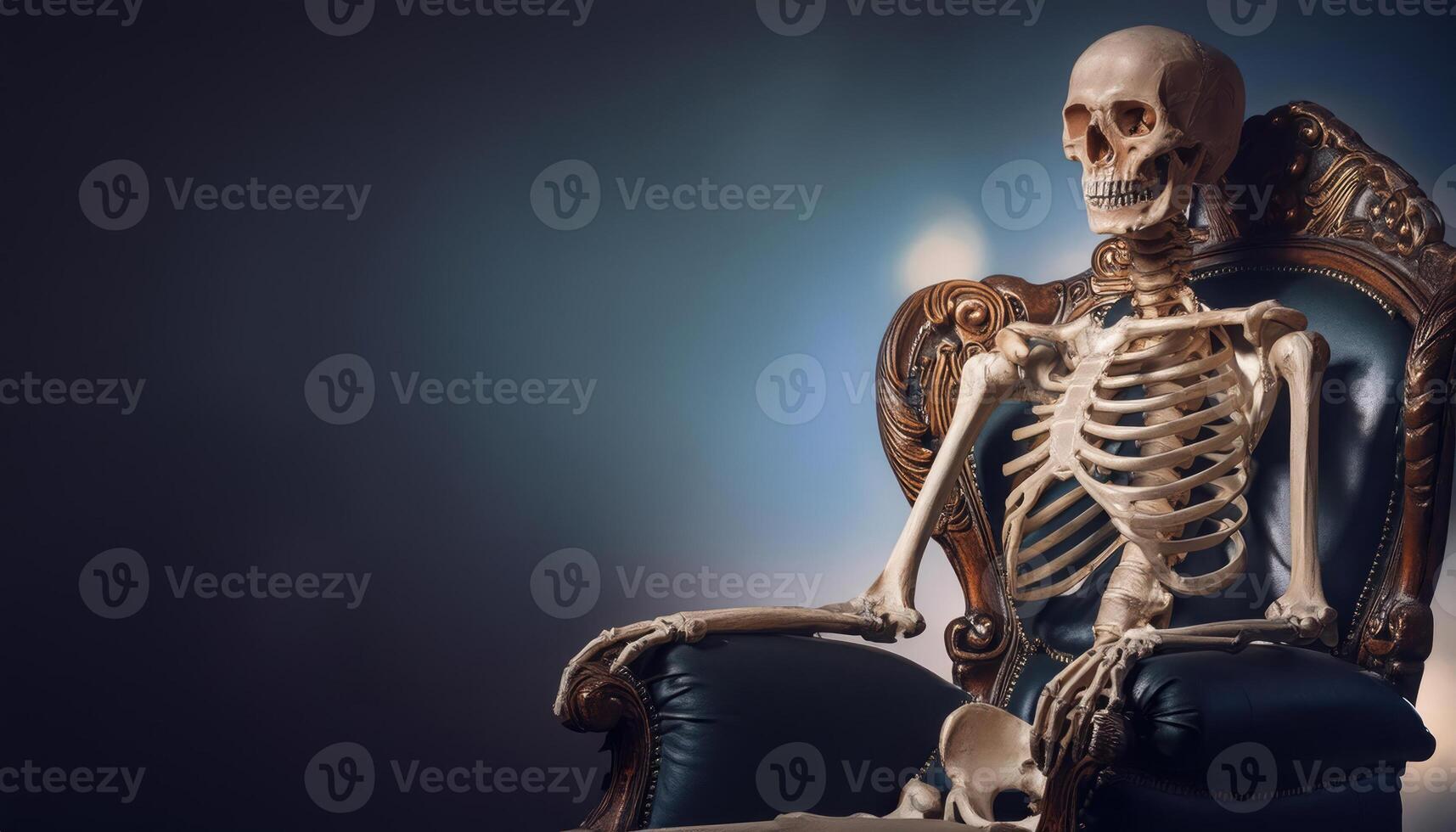 A hyper-realistic skeleton sitting on a haunted throne photo