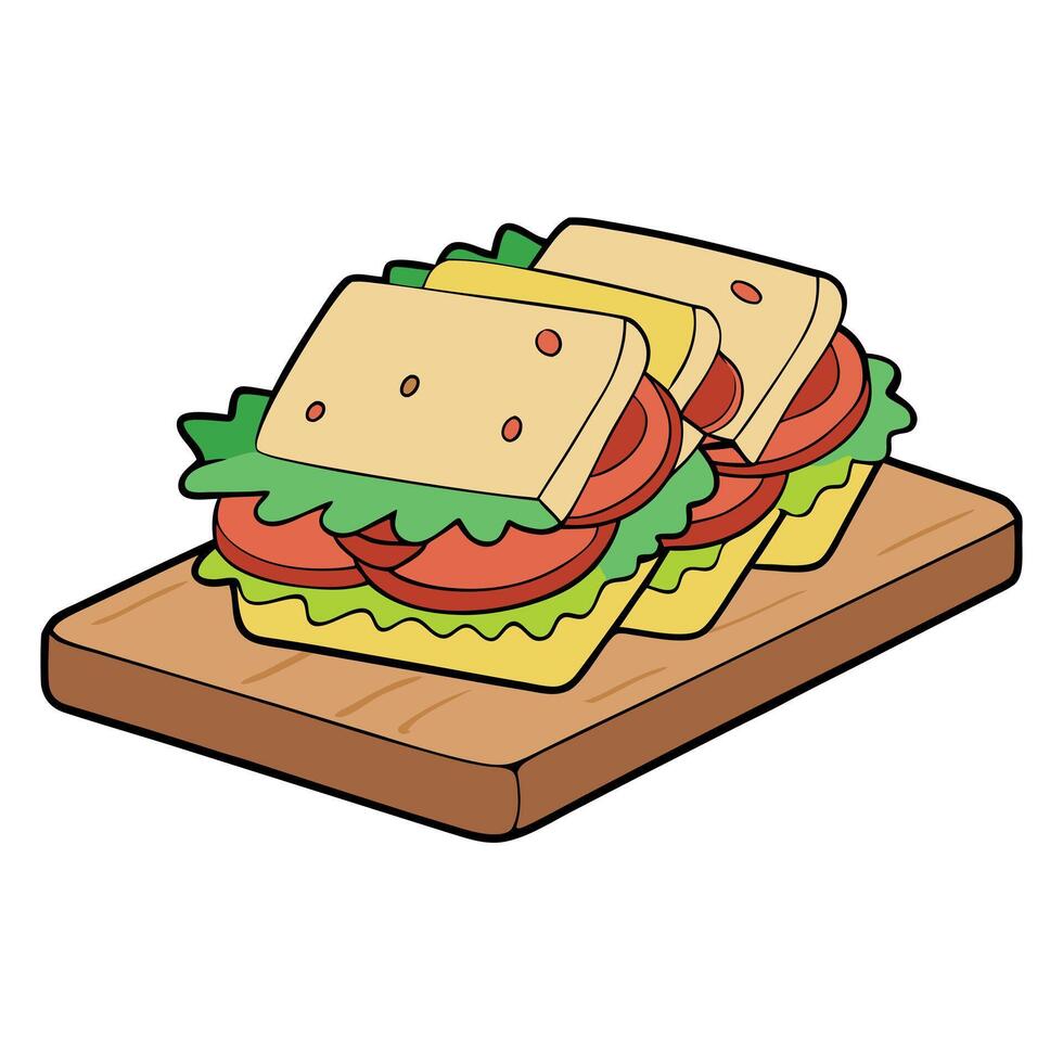 Fresh deli sandwiches with ham cheese tomatoes and lettuce on a wooden cutting board vector