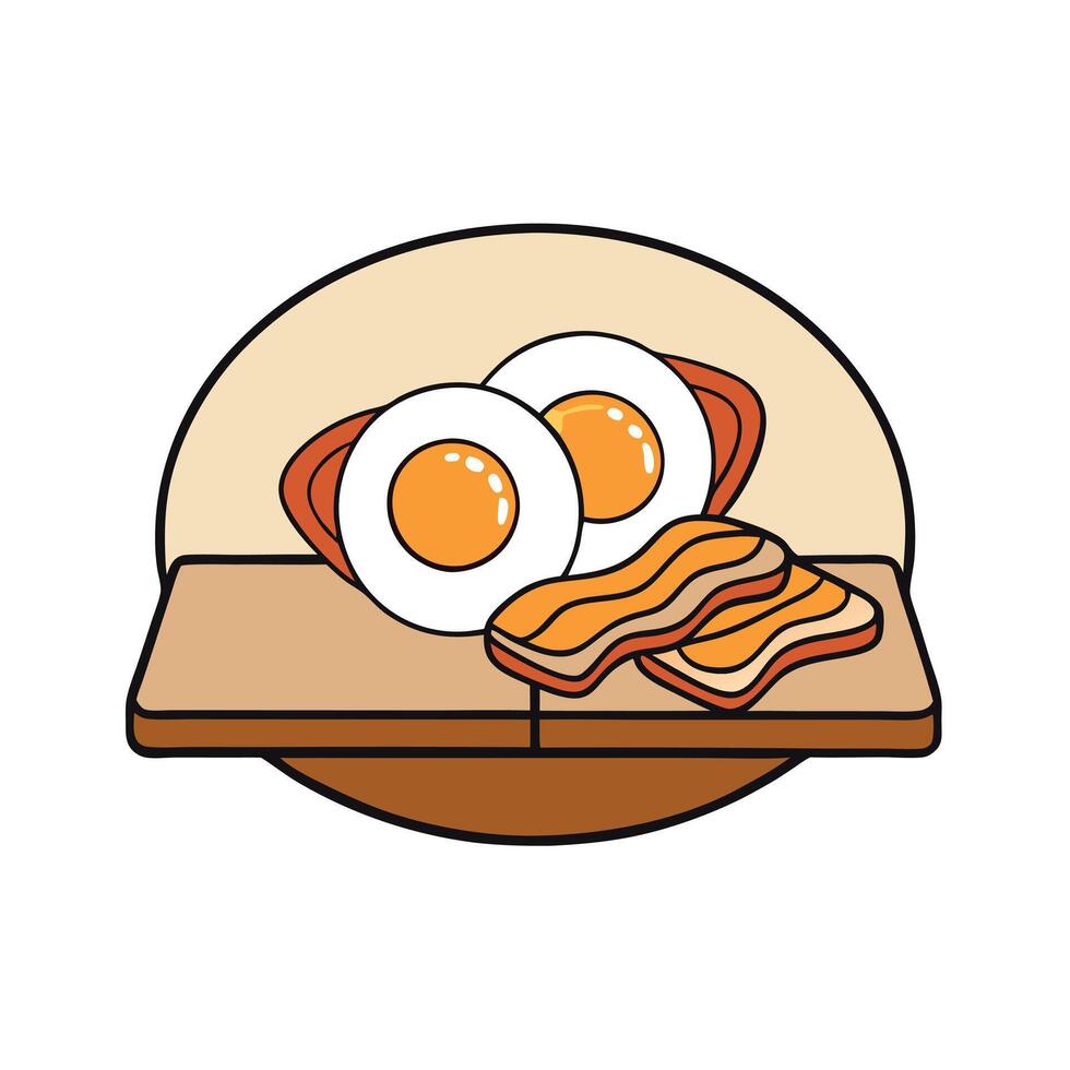 Composition with tasty fried eggs and bacon on wooden table with copy space vector