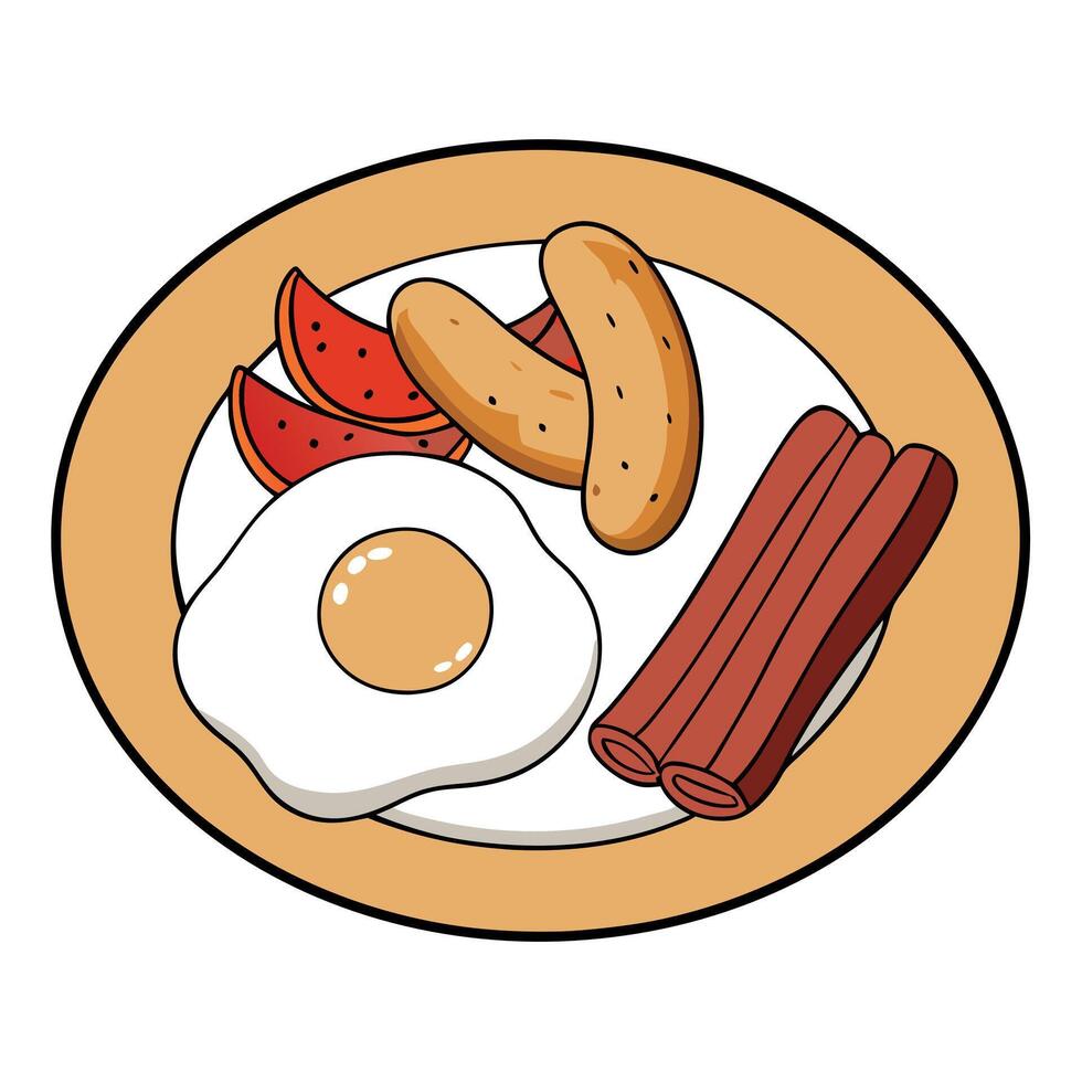 Fried eggs with bacon sausage and ham served with a side of home fries vector