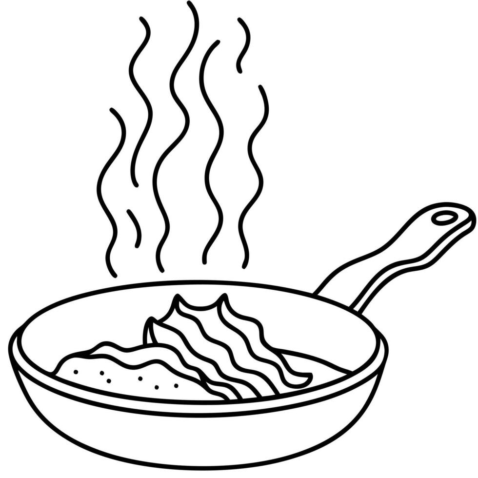 Fatty. crispy. golden fried bacon in the frying pan. steamy. vector