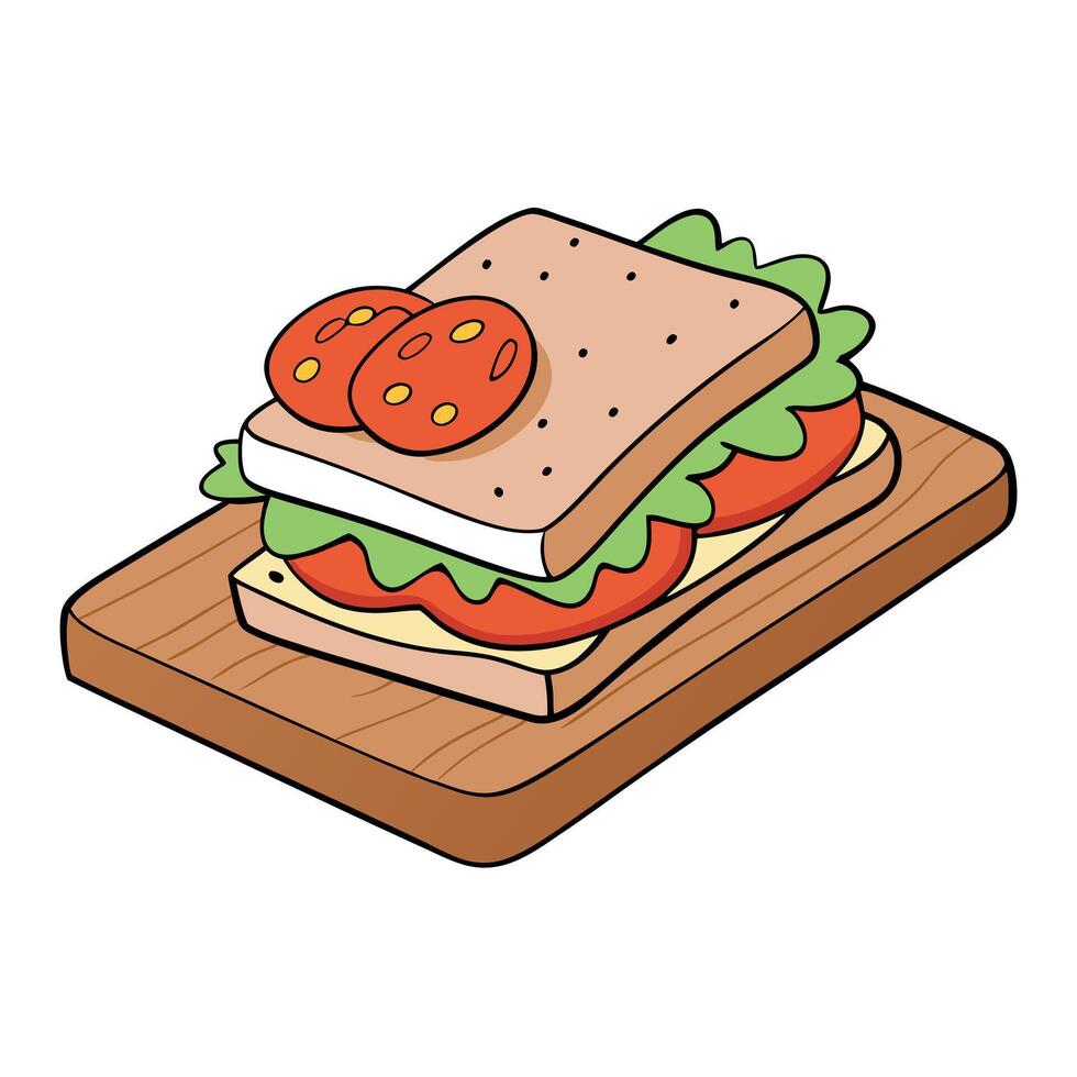 A bacon. tomato. and lettuce sandwich on a cutting board vector