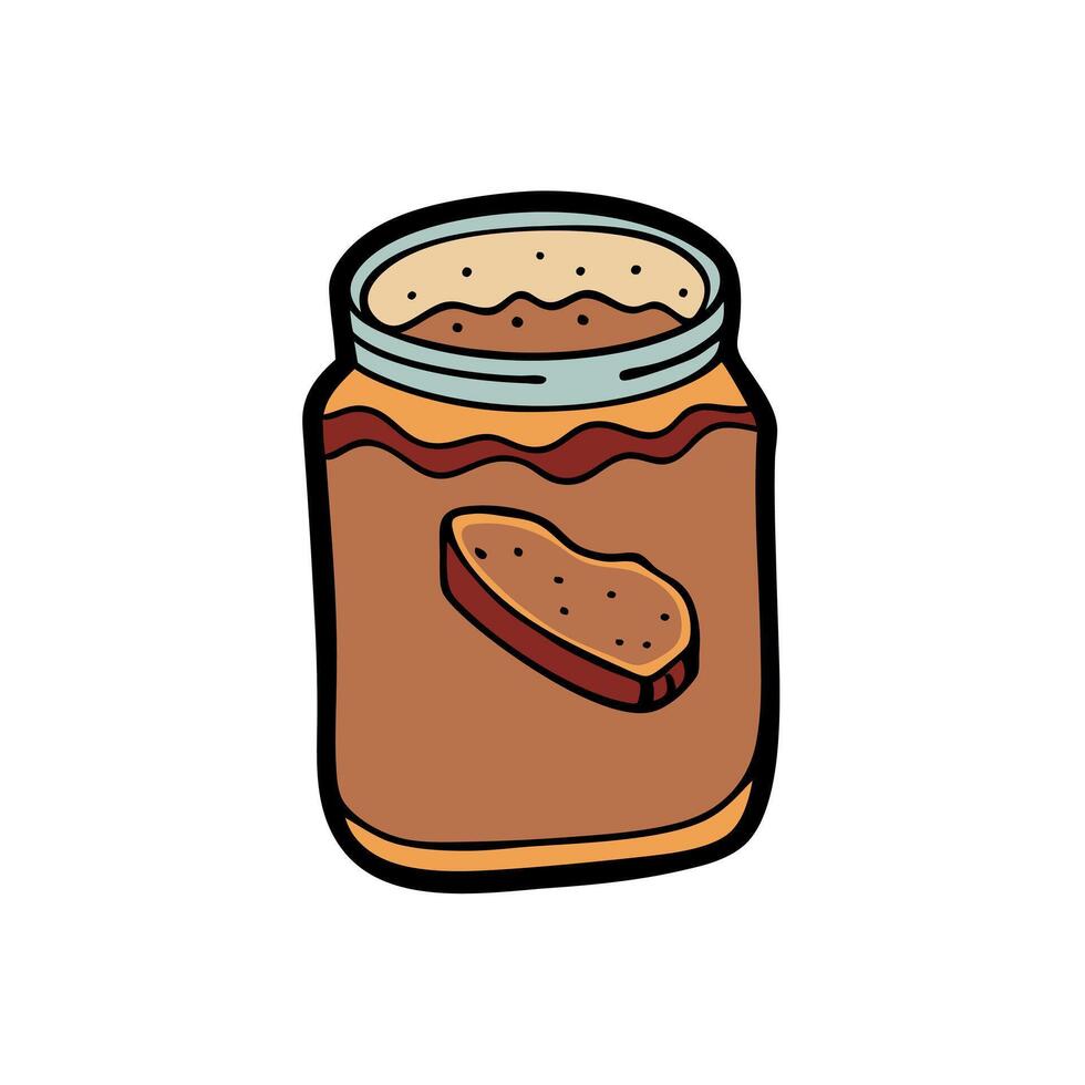 Jar of bacon jam spread on toasted baguette. Close-up. vector