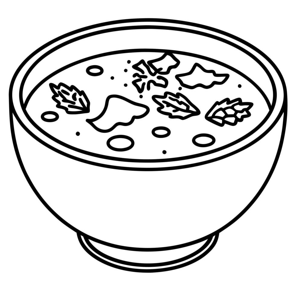 A creamy broccoli cheddar soup garnished with bacon bits and truffle oil. vector