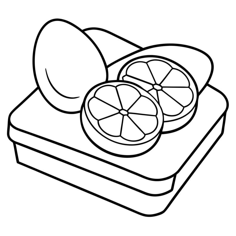 Two eggs atop a slice of bread on a pristine white counter. adjacent to lemon wedges vector