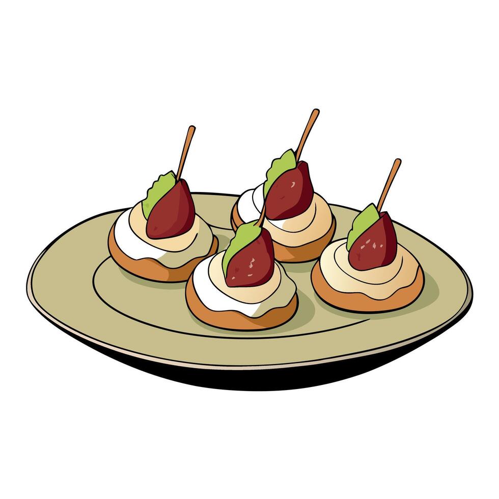 Delicious canapes with pear. goat cheese. and pancetta crisps on the plate close up vector