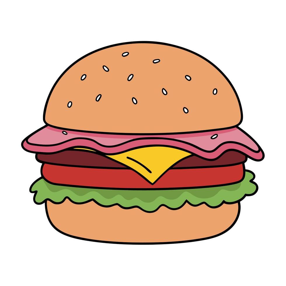 Gourmet burger with pink bun and bacon. topped with vibrant condiments vector